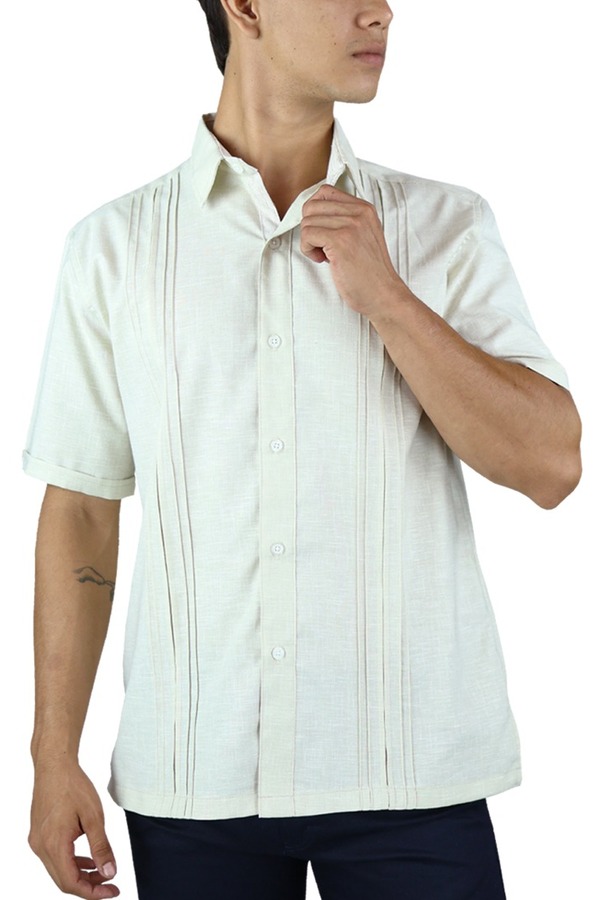 Camisa Manga Corta Color Arena Look Lino Con Alforzas Para Caballero